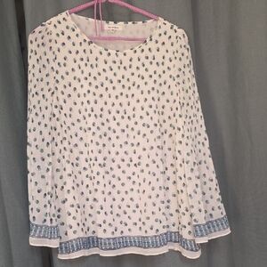 Max Studio White Long-Sleeve Printed Blouse with Teal and Blue Dots